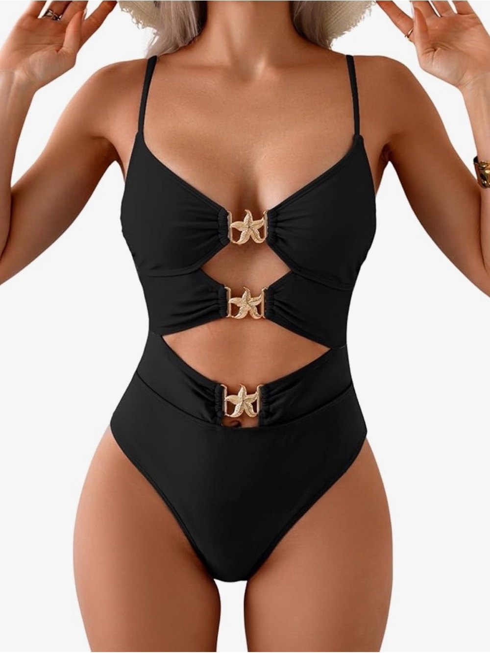 Black Cutout One-Piece Swimsuit with Gold Accents